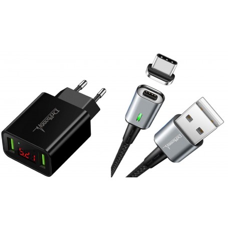 amplitude bevestigen dik DrPhone iCON - Magnetische USB-C Oplaadkabel 3A + Thuislader 2 poorten USB  Oplader 2.2A met LED Display - Zwart - Dr. Phone