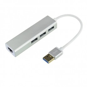 DrPhone EA2 USB 3.0 hub met RJ45 Gigabit Ethernet LAN-adapter - 10/100 / 1000M Gigabit met 3-poorten USB 3.0 – Zilver