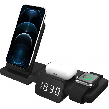 DrPhone LEGEND5 15W Draadloze Qi Oplaadstation met Tijdweergave – Geschikt voor Apple watch, Airpods & Smartphones