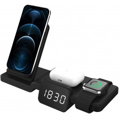 DrPhone LEGEND5 15W Draadloze Qi Oplaadstation met Tijdweergave – Geschikt voor Apple watch, Airpods & Smartphones