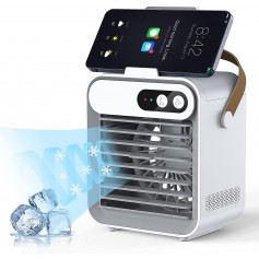 DrPhone AIF1 – Mini Air Conditioner Fan – Telefoonhouder – Ingebouwde Batterij – Cosmetische Spiegel – Luchtbevochtiger - Wit