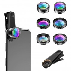DrPhone APEX 6 in 1 Telefoon Camera Lens Set – Fish Eye Lens – Super Groothoek Lens – Macro Lens – Star Filter Lens – Zwart