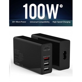 DrPhone WL20 100W 4-Poort USB C Adapter PD 3.0 100W + Qualcom 3.0 & 2.4A - Type C Snelle Oplader - Zwart