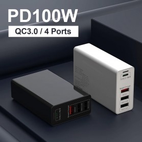 DrPhone WL20 100W 4-Poort USB C Adapter PD 3.0 100W + Qualcom 3.0 & 2.4A - Type C Snelle Oplader - Zwart