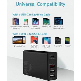 DrPhone WL20 100W 4-Poort USB C Adapter PD 3.0 100W + Qualcom 3.0 & 2.4A - Type C Snelle Oplader - Zwart