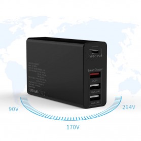 DrPhone WL20 100W 4-Poort USB C Adapter PD 3.0 100W + Qualcom 3.0 & 2.4A - Type C Snelle Oplader - Zwart