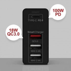 DrPhone WL20 100W 4-Poort USB C Adapter PD 3.0 100W + Qualcom 3.0 & 2.4A - Type C Snelle Oplader - Zwart