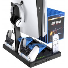 DrPhone Multifunctionele Verticale Standhouder – Geschikt voor PS5 - Koptelefoon / Oplaadstation/ Koelventilator & Game Opslag