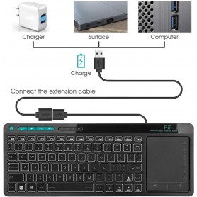 Rii K18 Plus Draadloze 2.4GHz USB 3-LED-Multimedia Toetsenbord met achtergrondverlichting en multi-touch groot trackpad - Zwart
