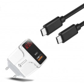 DrPhone HALO5 Qualcom 3.0 Quick Charge 18W Thuislader + PDTC1 USB-C Naar USB-C Fast Charger 1 Meter & LED-display - Wit