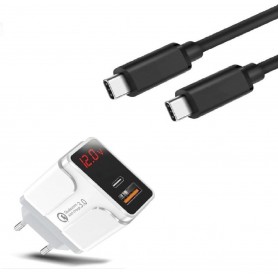 DrPhone HALO5 Qualcom 3.0 Quick Charge 18W Thuislader + PDTC1 USB-C Naar USB-C Fast Charger 2 Meter & LED-display - Wit
