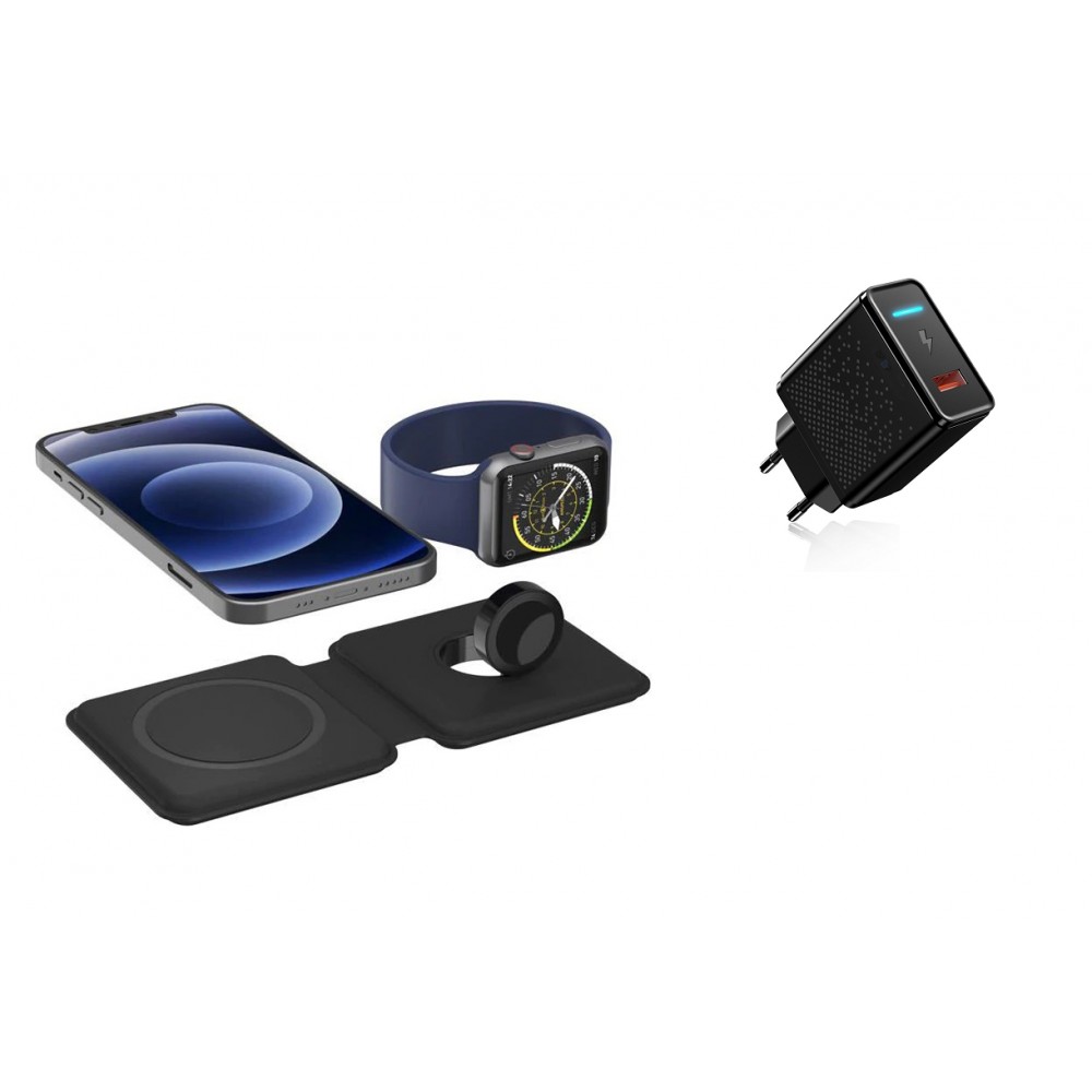 DrPhone iOM2 - 15W Opvouwbare Lader - Qi Magnetische Draadloze Geschikt Magsafe / iPhone / iWatch Zwart