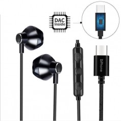 DrPhone Hi12 USB C Oordoppen – met ingebouwde DAC- 36 Bit - HiFi Stereo Headset met Mic + Volume Controle & Bass - Zwart