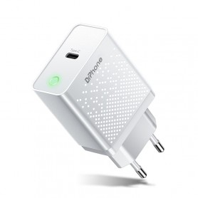 DrPhone HALO10 - 20W PD Snel Lader – USB-C Thuislader - Quick Charge 4.0 - 5V 3A / 9V 2.2A met LED ring -  Wit