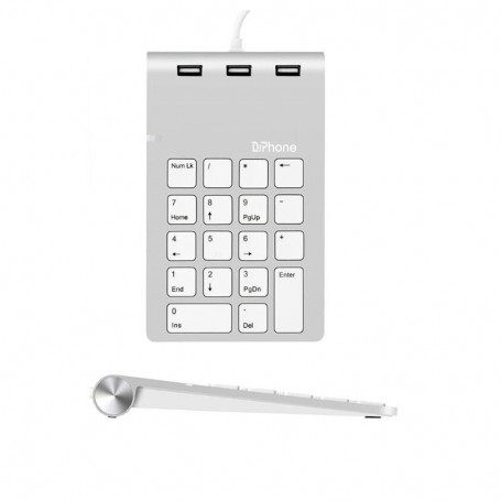 DrPhone UNK1 Numeriek Bedraad Toetsenbord -18 toetsen met 3 USB 2.0-poorten & Led licht – Zilver
