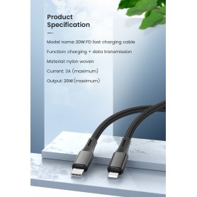 DrPhone UNL2 USB-C naar Lightning 9V Snelle Oplaadkabel –20W – Nylon - Geschikt voor iOS Smartphones & iOS Tablets - Data Sync