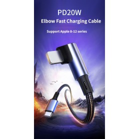 DrPhone UNL4 USB-C naar Lightning 9V/3A Snelle Oplaadkabel – PD 20W – Nylon gevlochten – 90 Graden - Data Sync - 1M – Wit