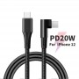 DrPhone UNL4 USB-C naar Lightning 9V/3A Snelle Oplaadkabel – PD 20W – Nylon gevlochten – 90 Graden - Data Sync - 1M – Wit