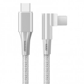 DrPhone UNL4 USB-C naar Lightning 9V/3A Snelle Oplaadkabel – PD 20W – Nylon gevlochten – 90 Graden - Data Sync - 1M – Wit