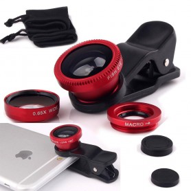 3-in-1 Fish Eye 180° Lens / Wide Lens / Macro Lens Universeel Compact Rood Universeel Tablet/Smartphone