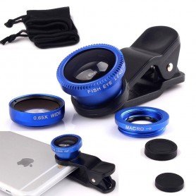 DrPhone PiX - 180° Universele 3 in 1 Fish Eye Lens - Macro / Wide / Fish Eye Kit - Voor Telefoon / Smartphone - Blauw