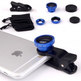 3-in-1 Fish Eye 180° Lens / Wide Lens / Macro Lens Universeel Compact Blauw Universeel Tablet/Smartphone