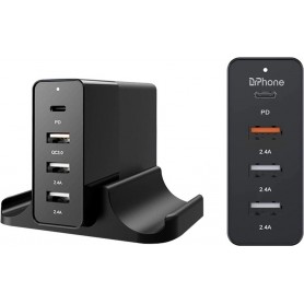 DrPhone WL7 - 4-poorten Multipoort Oplader - 48W - USB-laadstation + Standhouder – Qualcom 3.0 & USB-C –Lader – Zwart