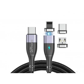 DrPhone ECHO2 -3 in 1 USB-C naar USB-C/Lightning/Micro USB Magnetische Nylon Gevlochten Kabel - 60W 20V 3A – 480 Mbps