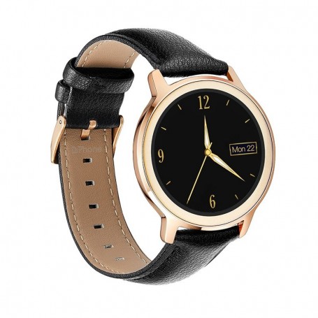 DrPhone NY3 - Nederlands Smartwatch voor Dames / Vrouwen Luxe Horloge - Stappenteller - Hartslagmeter - Leder Zwart