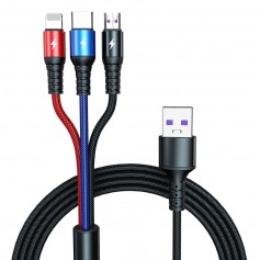 DrPhone MX3 - 3 IN 1 USB Kabel LED - Micro / USB-C / Lightning Apple – Snellader – Rood – Zwart – Blauw – 1.2 Meter