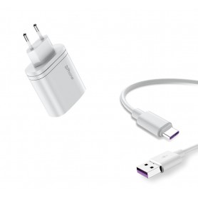DrPhone iCON - 36W - 2 Poort Fast Charge Oplader voor o.a. Samsung + 2 Meter USB-C Oplaadkabel - 5A Type-C Kabel - Wit