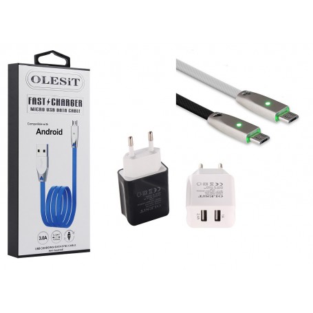 Olesit Thuislader 2 poorten USB-oplader 3.1A Fast Charge Snellader + MICRO USB Kabel 1 Meter Fast Charge 3.0A High