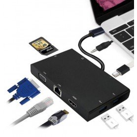 DrPhone COM1 - 8 in 1 hub - USB-C Hub Thunderbolt 3 hub Gigabit RJ45, HDMI 4K, VGA, AUX 3.5mm, USB-C + USB 3.0 - Zwart