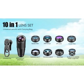 DrPhone APL6+ Smartphone Lens kit- 10 in 1 - 22x telelens, 198 ° fisheye, Groothoek/Macro/CPL/STAR/ en meer