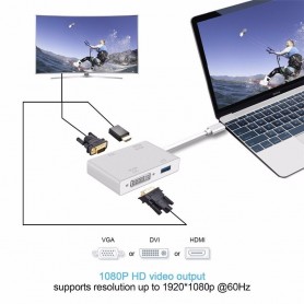 DrPhone 4 in 1 HUB – USB-Type C naar VGA + 4K DVI + 4K HDMI & USB – Zilver