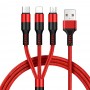 DrPhone MX5 Nylon Gevlochten Kabel - 3 in 1 Lightning/Micro USB/Type-C - Stabiele USB Oplaadkabel – MAX 2A - Rood