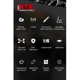 DrPhone RCX7 - RC 1:16 Auto 4WD – 33 km/h Bestuurbare Waterdichte Truck - 4WD Buggy Met 2,4GHz Controller – Met 1 Accu – Zwart