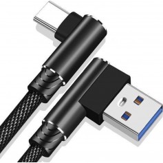 DrPhone D9 Type-C USB-C Dubbele 90° Haakse Nylon Gevlochten 3A kabel – 3 Meter -Datasynchronisatie & Snel opladen – Zwart