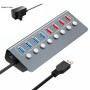 DrPhone Xtreme6 - 8-poorts USB Hub – Aluminium - 4 x USB 3.0 – 4x 2,4A USB met individuele LED aan/uit-schakelaars + Voeding
