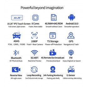 DrPhone DC19 – Android & Carplay Dashcam – Navigatiesysteem – Carkit – 10.26 Inch Scherm – Achteruitrijcamera - Zwart