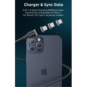 DrPhone USLION 2 Meter - Magnetische Gevlochten 3A Lightning Kabel - Oplaadkabel - Qualcomm 3.0 – Data + Oplaad - Zwart