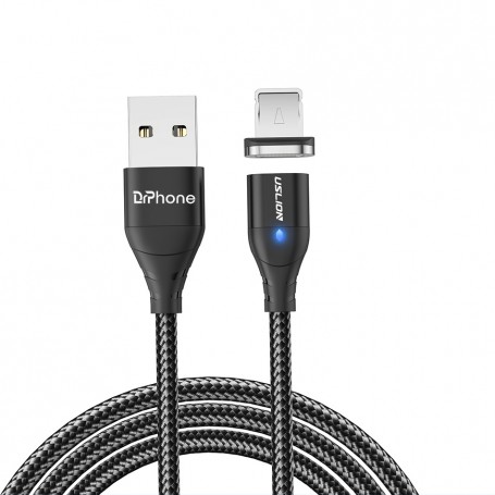DrPhone USLION 2 Meter - Magnetische Gevlochten 3A Lightning Kabel - Oplaadkabel - Qualcomm 3.0 – Data + Oplaad - Zwart
